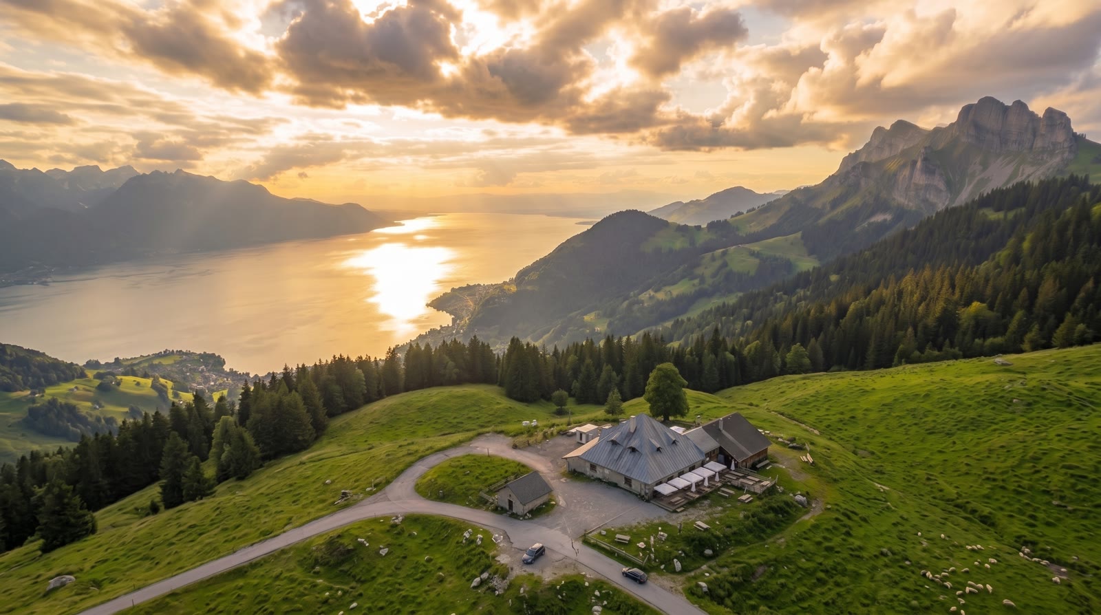Vue aérienne du Manoïre, Col de Jaman, lac Léman et Préalpes en arrière-plan