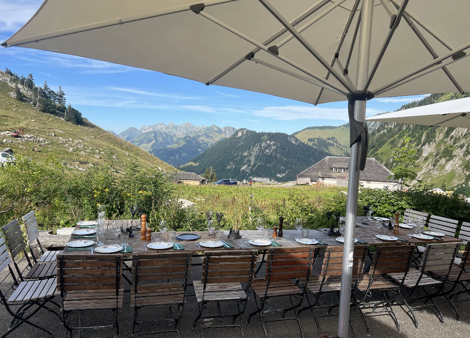 Table dressée en terrasse sous parasol blanc, vue panoramique sur les Préalpes